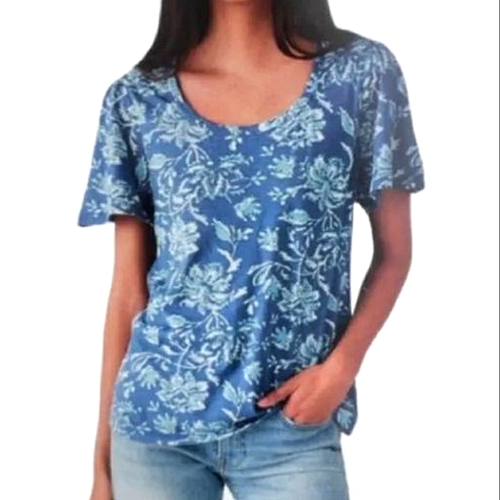 Lucky Brand Indigo Floral Flutter Sleeve Top, Size Medium